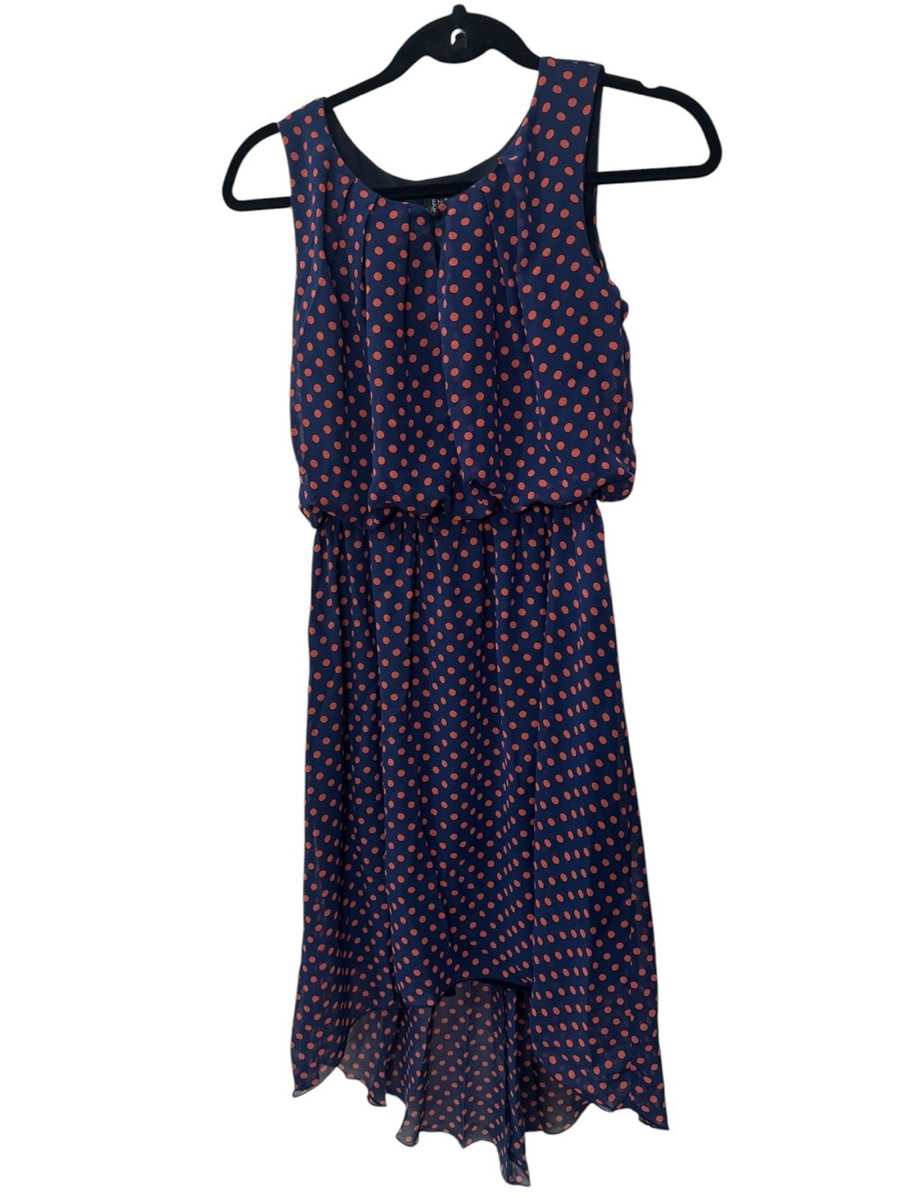 En Focus Studio Navy and Coral/Orange Polka Dot High-Low Blouson Dress size 4